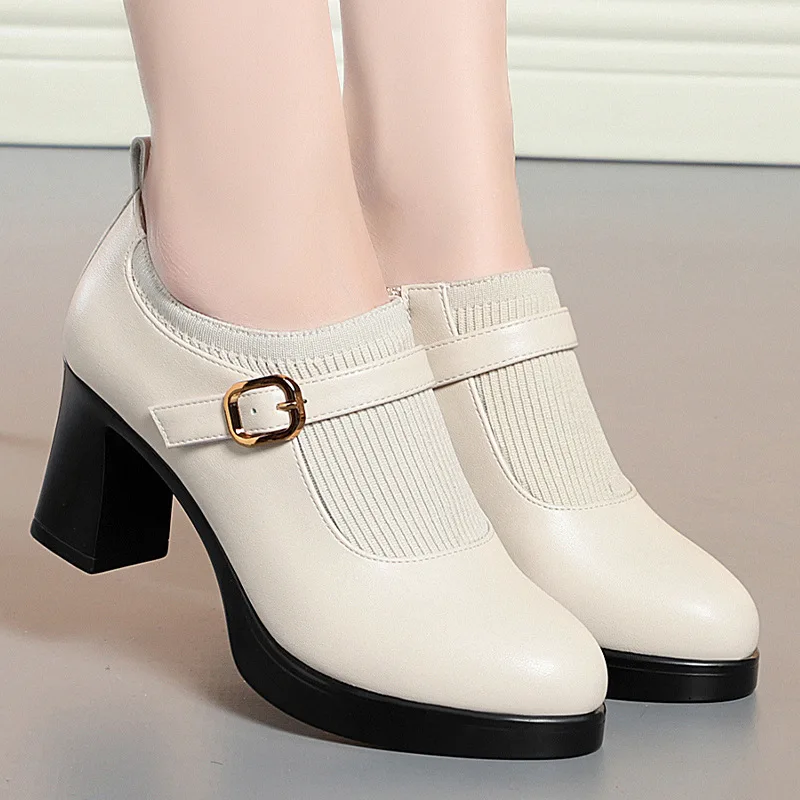 Comfortable Deep Mouth Flexible Buckle Platform Pumps Women 2024 Spring Block High Heels Shoes For Office Model Mom Leather