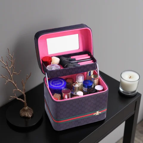 Large capacity Advanced PU leather makeup bag New travel multiple models Portable makeup box Portable storage bag with mirror