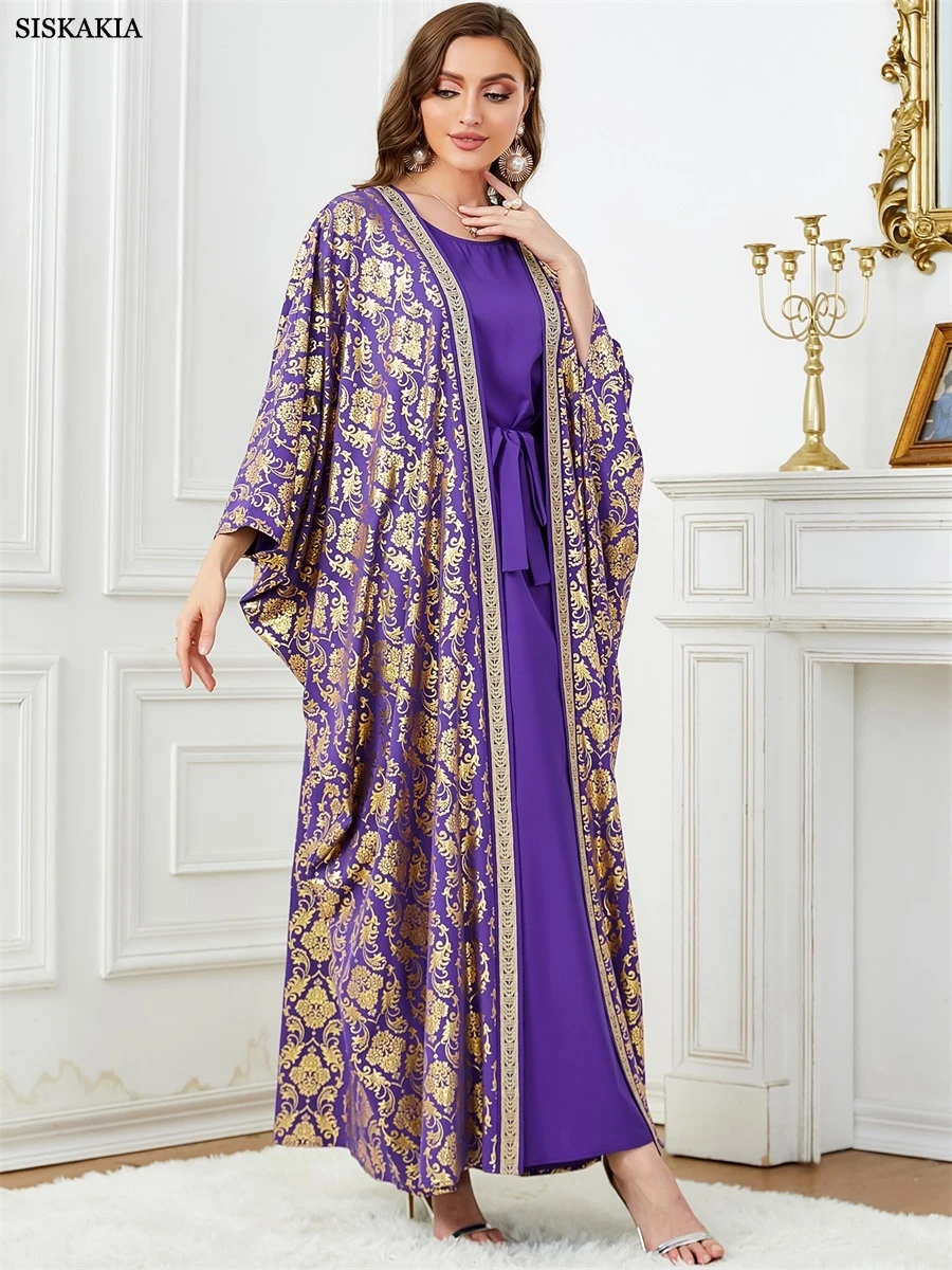 Siskakia Dubai goud stempeljurk moslim tweedelige set Abaya O-hals riem inclusief vleermuismouw