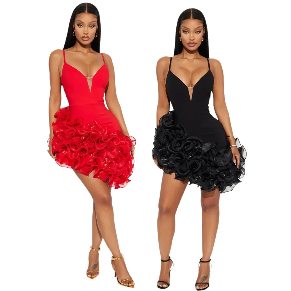 Minivestido Sexy de fiesta, camisola de verano con tirantes finos, dobladillo con volantes, Vestidos cortos para Club nocturno, Vestidos ceñidos, bata de cumpleaños y Navidad