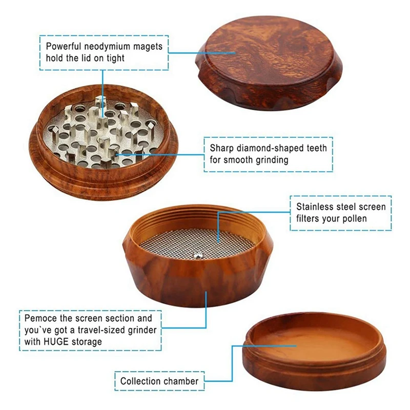 ホームキッチンブラウンに適した4層木製グラインダー,大容量,花粉スクレーパー付き,2個