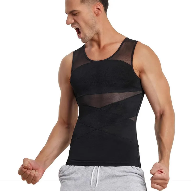 QICHE Men Neoprene Compression Tank Top Quick Sweat Release Hidden Abdominal Muscle Slimming Chest Shaping Sleeveless Undershirt