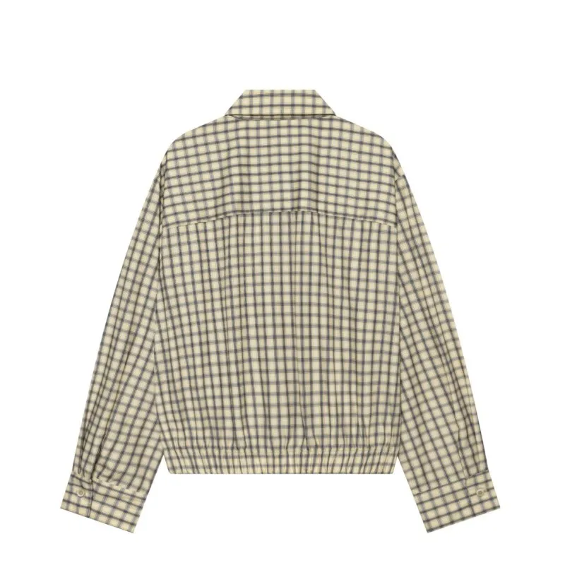 Women's Plaid fluffy shirt Elastic design of hem Autumn Turn Down lapel Leisure High street style Woman Jacket Female Outerwear