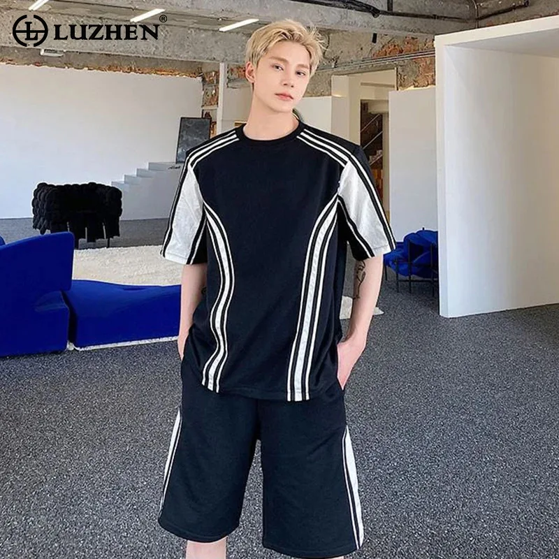 LUZHEN Sleeve Printed 2026 Stripe Summer Short Color Contrast T-shirts Men's Stylish Straight Shorts Pants Two-piece Sets JY8512