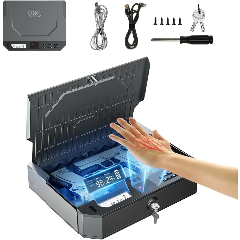Caja fuerte para pistola biométrica con venas de palma del mundo, desbloqueo inteligente de [0.09s] [10X militar anti-fría/gota], caja fuerte para pistola con teclado + llave L
