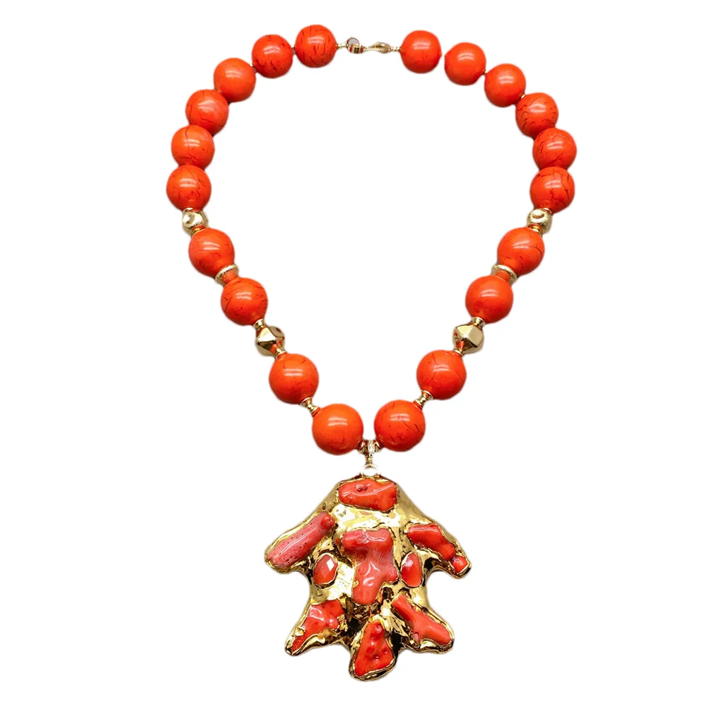 YYGEM  Gold Plated Large Coral Branch Pendant  Orange Turquoise Round Beaded Statement Necklace