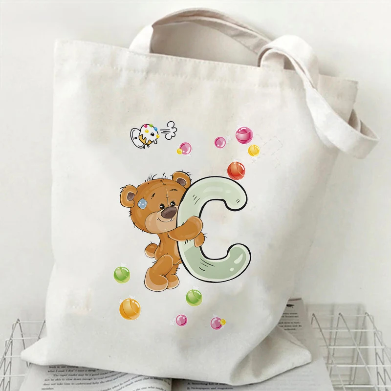 مضحك لطيف الدب قماش حمل حقيبة للنساء حقيبة يد خمر Y2K جماليات حمل حقيبة موضة A-Z 26 الأبجدية حقيبة كتف الإناث