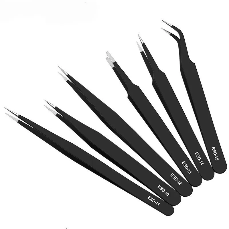 6pcs Anti-Static Stainless Steel Tweezers Precision Maintenance Industrial Repair Curved Tool Home Working Making Hand Tool