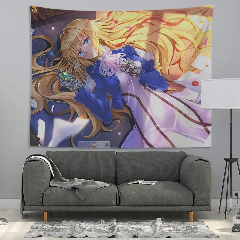 VIKAMA Violet Evergarden Anime Tapestry Cartoon Kawaii Aesthetic Wall Hanging for Teen Bedroom Dorm College Otaku Home Decor