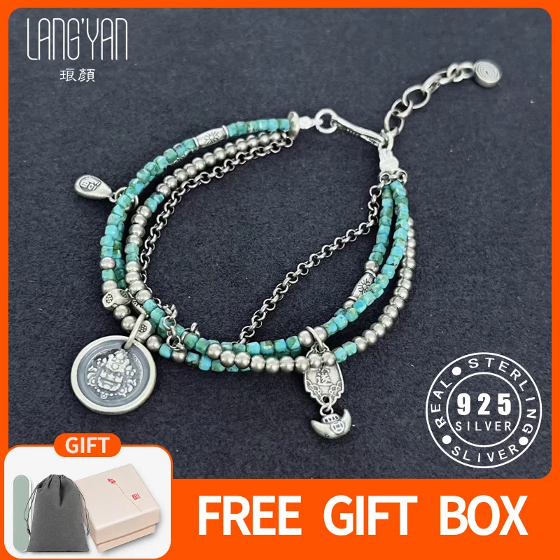 

Langyan Natural Turquoise Beaded Charms Bracelet Women's 925 Sterling Silver Multi Layer Chinese Style fortune Good Luck Jewelry