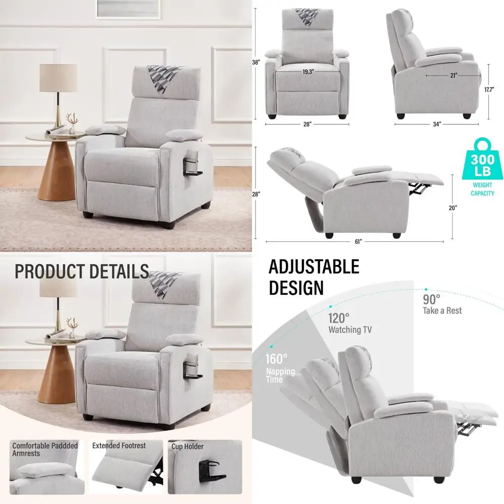 

adult fabric recliner chair with cup holder, home theater seating, modern adjustable single sofa armchair