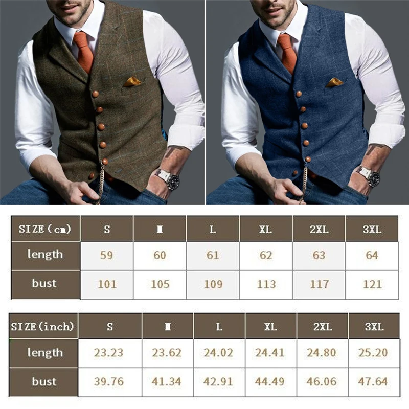 Fashion Men's Vests Lapel Tweed Plaid V-neck Waistcoat Slim Fit Vest Business Formal Dress Suit Casual Wedding Tuxedo Male Vest