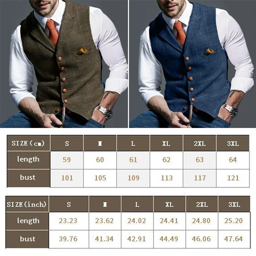 Imagen 2 del producto Chalecos de moda para hombre, chaleco con solapa de Tweed a cuadros con cuello en V, chaleco ajustado, traje de vestir Formal de negocios, chaleco informal de esmoquin para boda para hombre