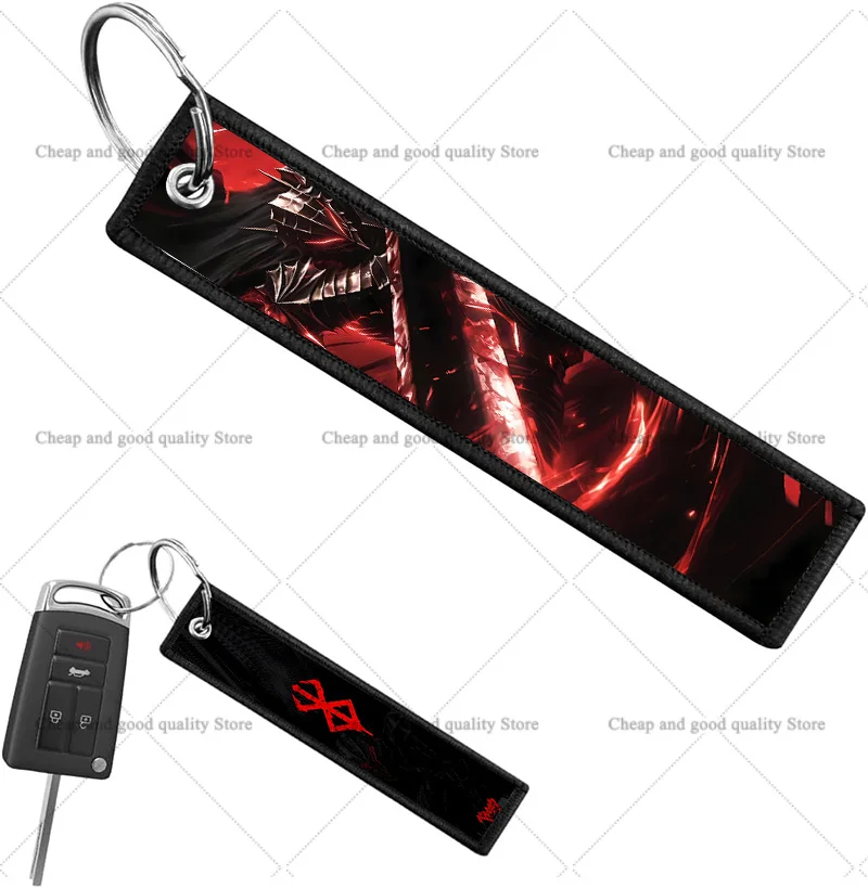 Japanischer Anime Berserk Schlüsselanhänger, doppelseitig, für Motorräder und Autos, Schlüsselzubehör, bestickter Anhänger, Schlüsselring, Taschenanhänger, Geschenke für Männer