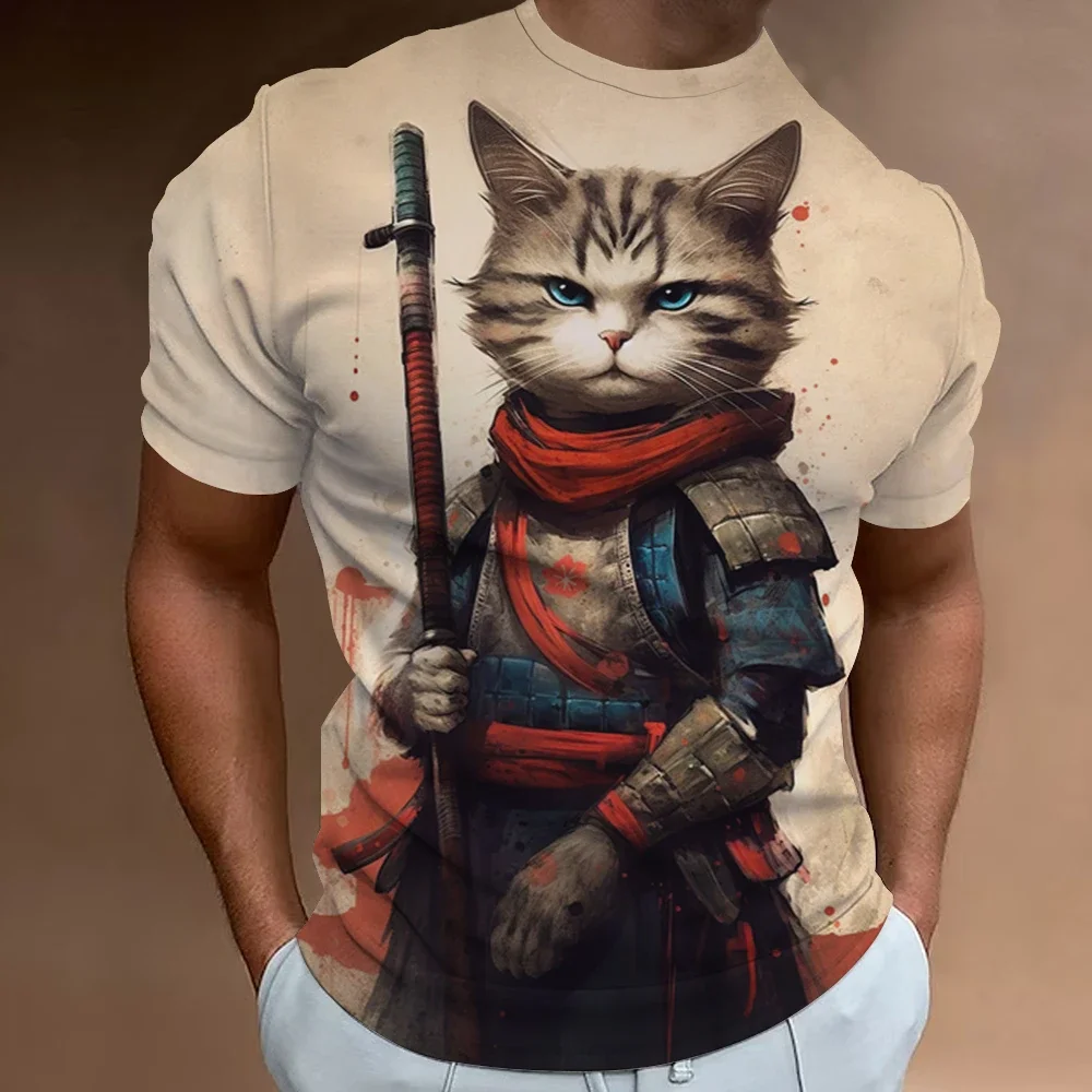 

Summer Men's Vintage Samurai Cat Print T-Shirt Fashion Crew Neck Outdoor Sport Short Sleeve Tee Clothing Oversized Men T-Shirt