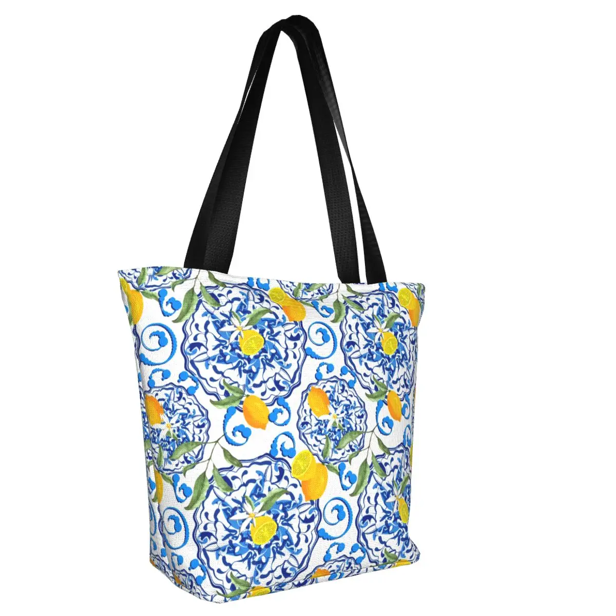 Custom Mediterranean Summer Fruit Lemons Tiles Shopping Bag Women Canvas Shoulder Recycling Tote Bag Groceries Shopper Bags