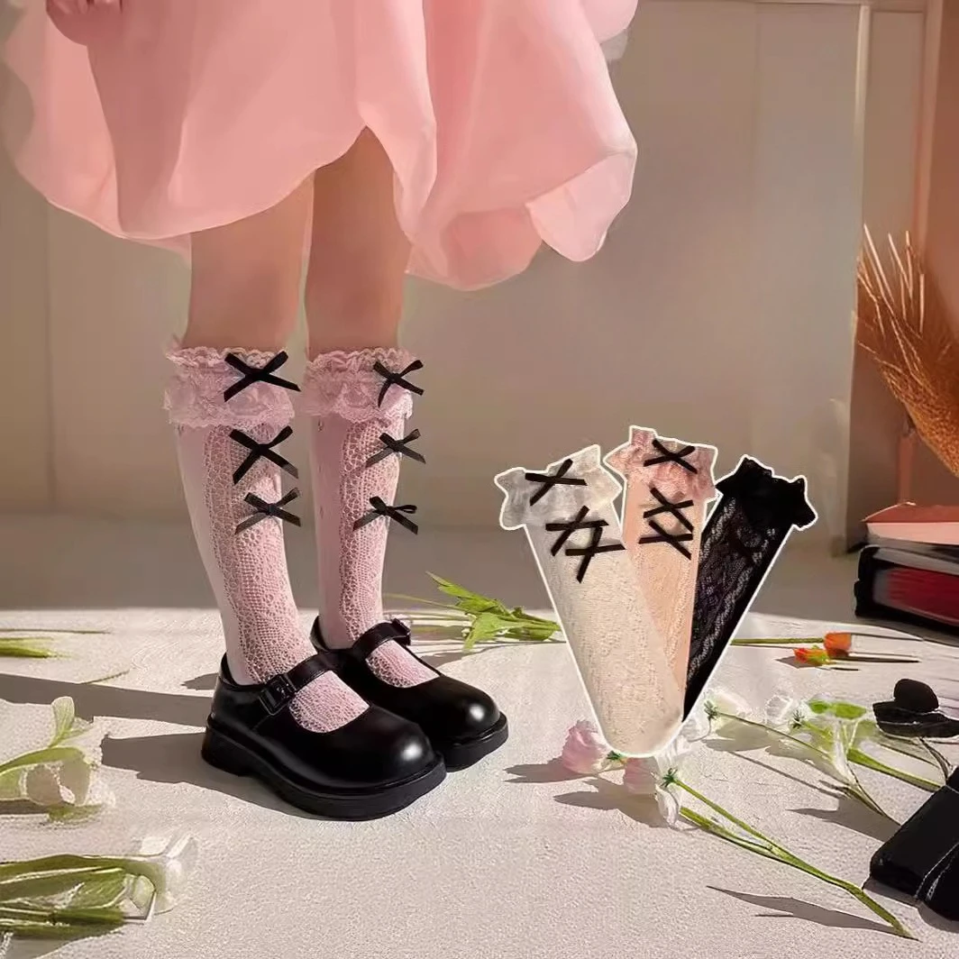 

Spring Summer Lace Ruffle Knee High Socks Hollow Out Thin JK Style Wooden Edge Girls Middle Tube Socks Loose Long Stockings New