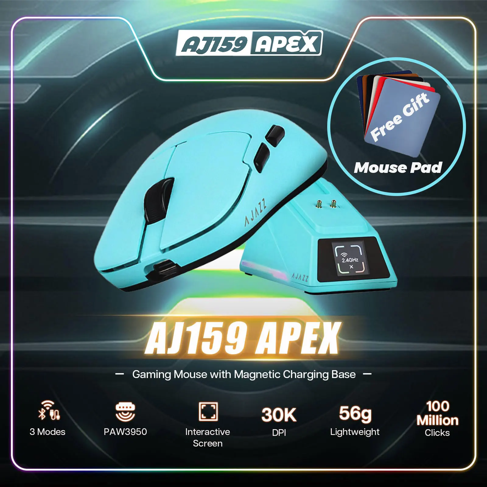 AJAZZ AJ159 APEX Wireless Mouse PAW3950 Sensor 2.4G/BT/USB-C Optical Gaming Mouse 56g Lightweight With 8K Magnetic Charging Base