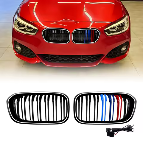 Front Kidney Grille Racing Grill Upper Bumper Hood Mesh Grid With LED Light Lamp Trim Strip For BMW 1 Series F20 2015-2019 LCI