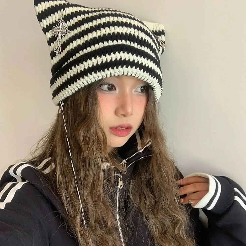 Ears Pointed Pullover Y2K Cute Y2K Beanie Hat Striped Star Devil Hat Knitting Wool Cap Autumn Winter