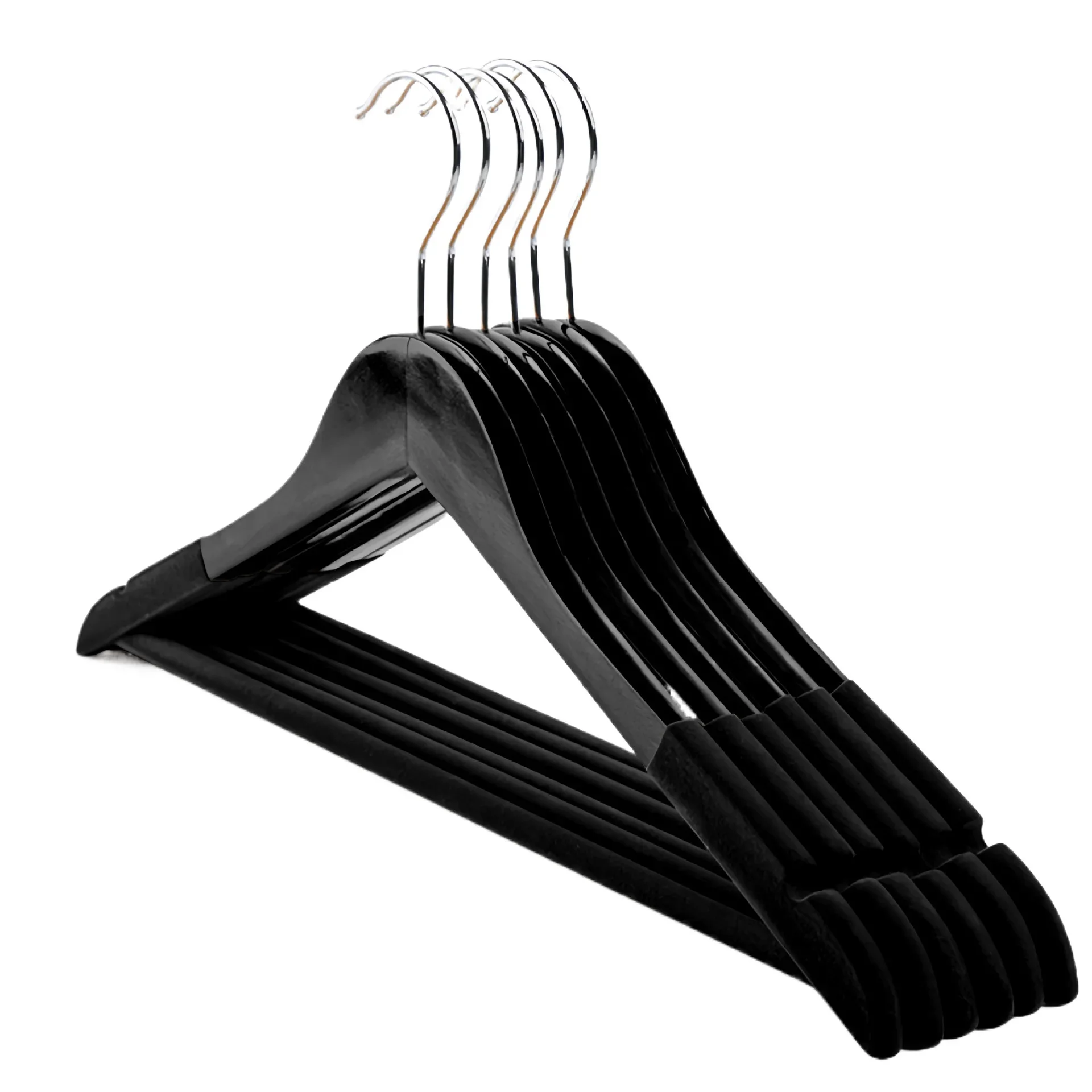 5Pcs Black Wooden Hangers Heavy Duty Non Slip Hanger for Coats Jackets Pants Wood Suit Hangers with Bar for Wardrobe Storage
