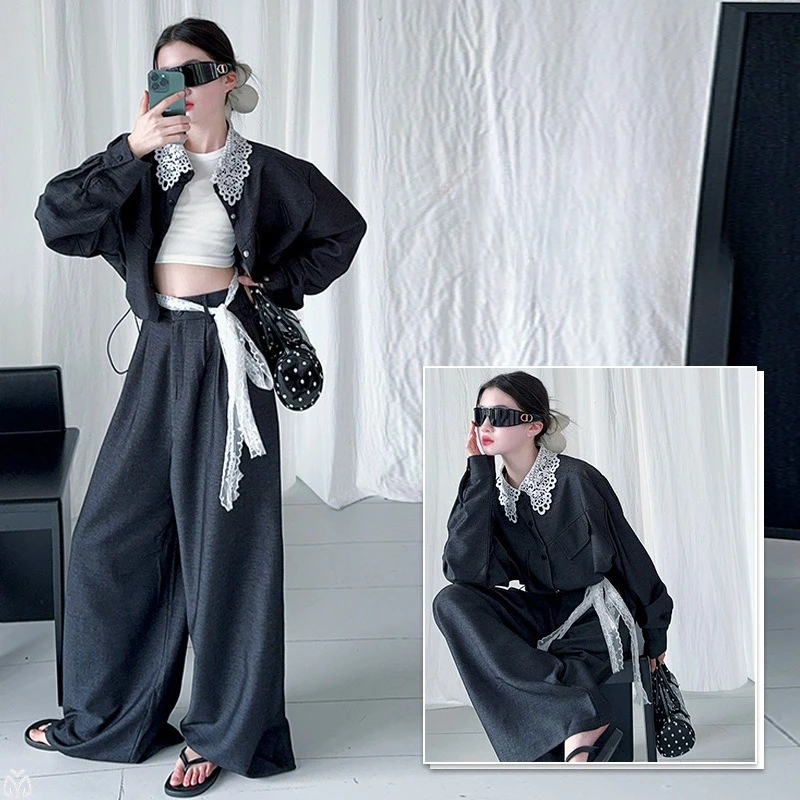 

autumn Korean Fashion teen girls clothes Set Lace patchwork short jacket+wide-leg pants 2pcs junior kid suit child outfits fille