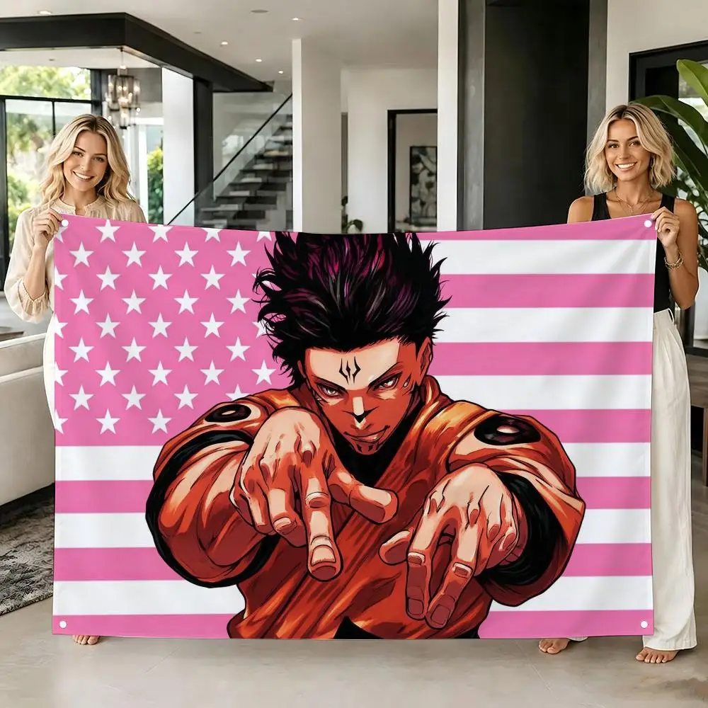Ryomen Sukuna Pink American Flag Flags Tapestry Creative Pattern Photo Living Room Wall Art Party Outdoor Decor