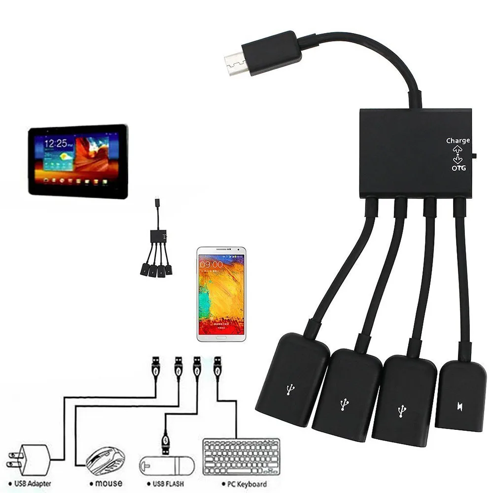 Hot 4 Port Micro USB Type-c Power OTG Extender Hub Cable Black For Android Tablet Smartphone U disk Mouse Accessories image 2