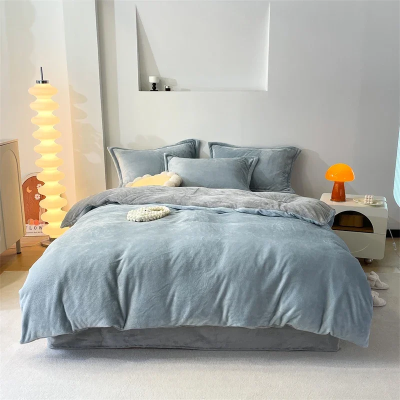 Autumn and Winter Solid Color Milk Velvet Quilt Cover Two-piece Flannel Duvet Extra Fleece and Thickened Warm Bedding 220x240