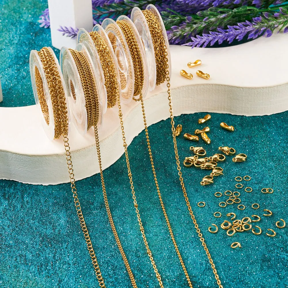 10M DIY Chain Bracelet Necklace Making Kit Including Stainless Steel Cable Curb Ball Chains Lobster Claw Clasps Connectors