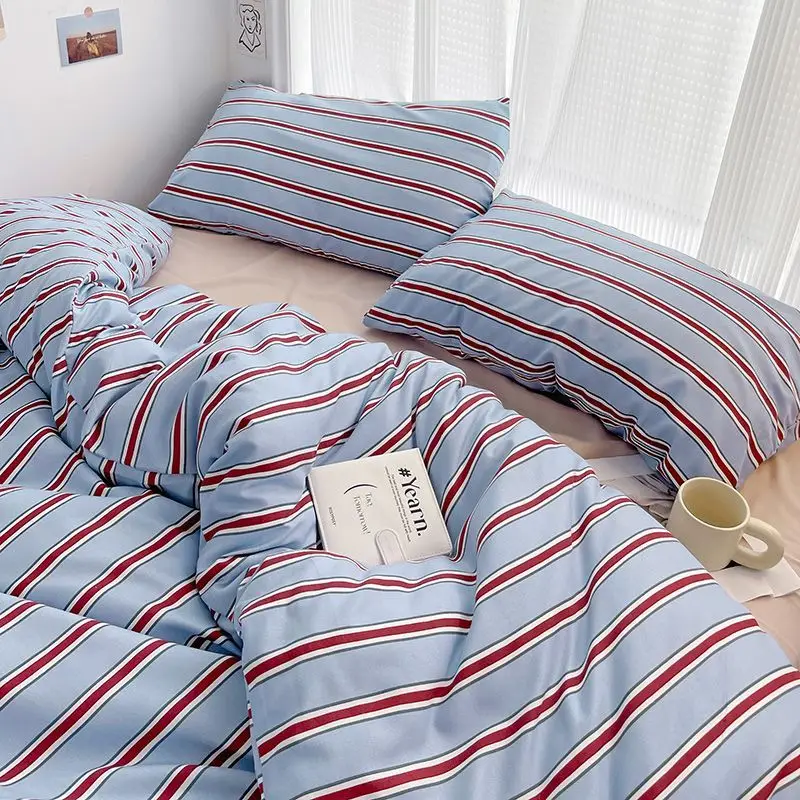 Simple Style Red And Blue Stripe Duvet Cover Set Bed Flat Sheet Set Washed Cotton Bedding Set for kids adult