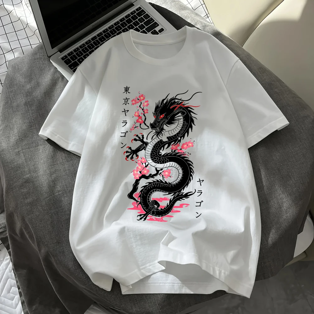 Tokyo Dragon Cherry Blossoms Prints Cotton T-Shirts Womens Summer Short Sleeve T Shirts O-Neck Soft Oversized Tops Basic Clothes