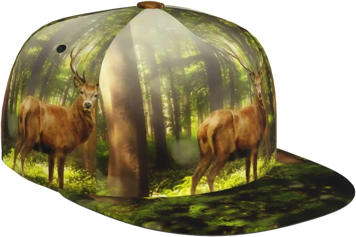 Magic Forest Mystery Deer Bear Pattern Flat Bill Hat, Unisex Snapback Baseball Cap Hip Hop Style Flat Visor Blank Adjusta