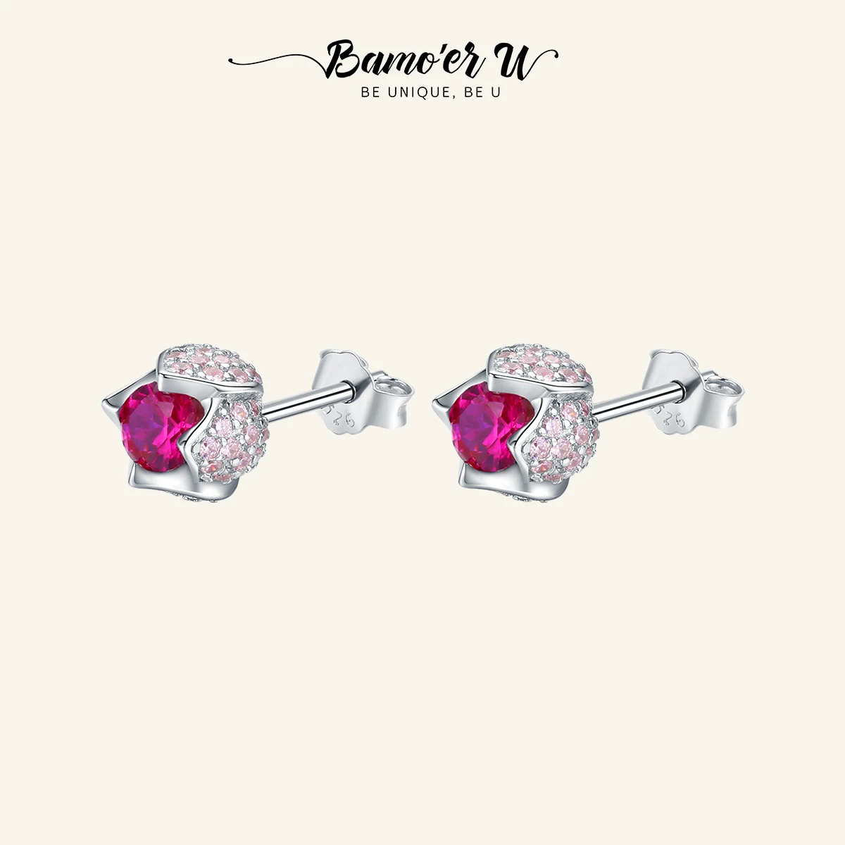 BAMOER U Romantic 925 Sterling Silver Luminous Tulip Flower Buds Pink CZ Zircon Stud Earrings Women Wedding Jewelry Gift BSE042