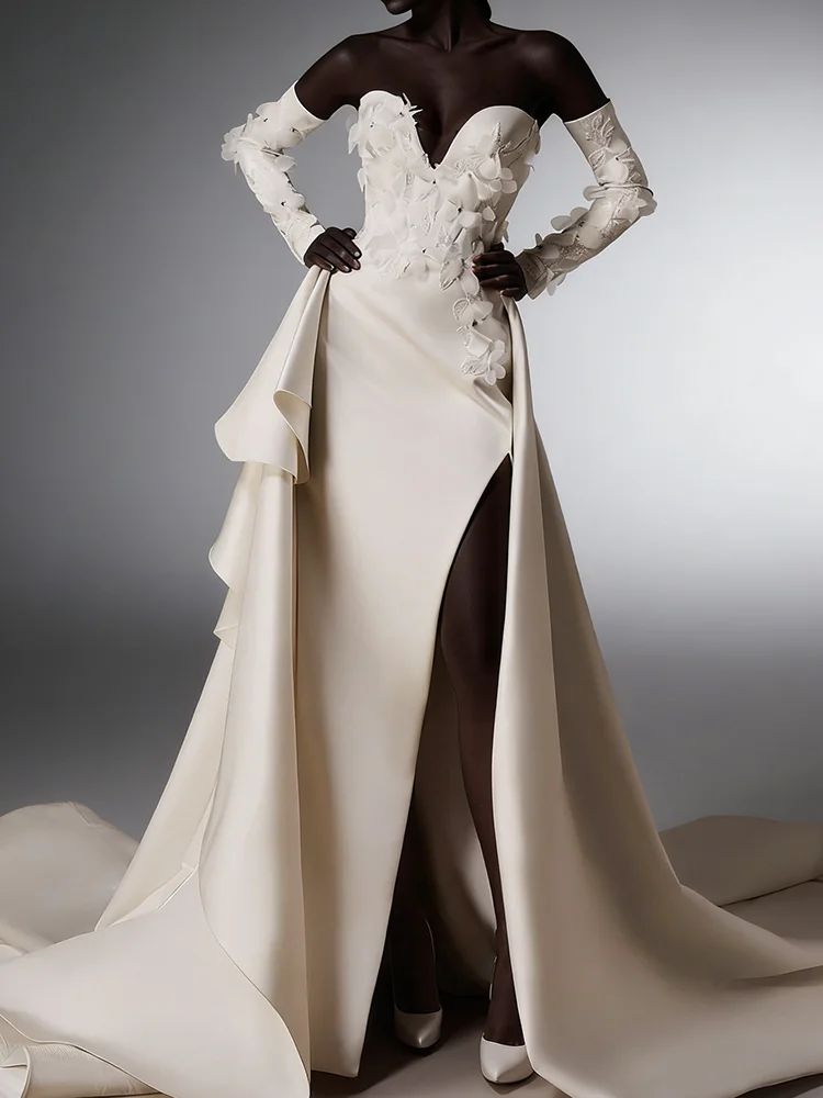 

Элегантный V-образный вырез с аппликацией и цветами без рукавов Русалка Свадебные платья невесты Свадебные платья по индивидуальному заказу