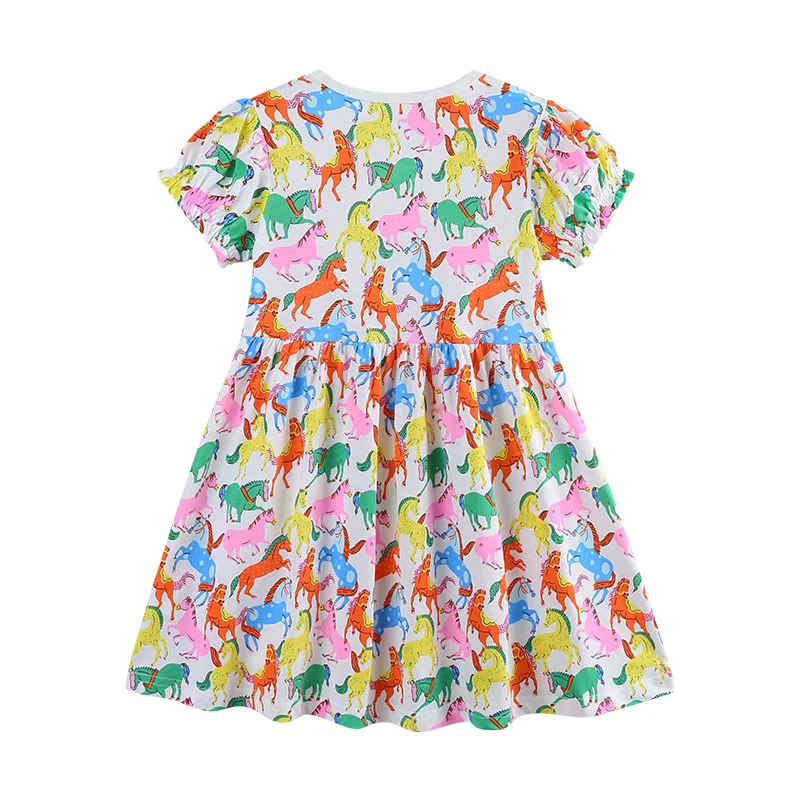 2026 New Summer Horses Print Princess Dress for Girls 2-7T Toddler Short Sleeve Party Frocks Children's New Arrival Baby Dresses