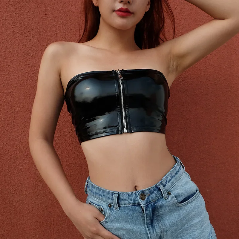 Sexy Off Shoulder PU Leather with Zipper Black Halter Women Bare Midriff Backless Tank Camis Tube Top Sleeveless Cropped Vest