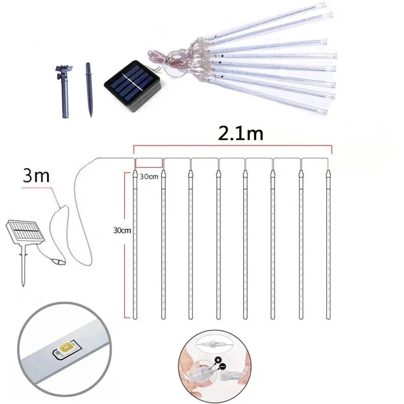 Solar LED Meteor Shower Light 30/50cm 8 Tubes Holiday String Light Outdoor Waterproof Fairy Garden Garland Christmas Decoration