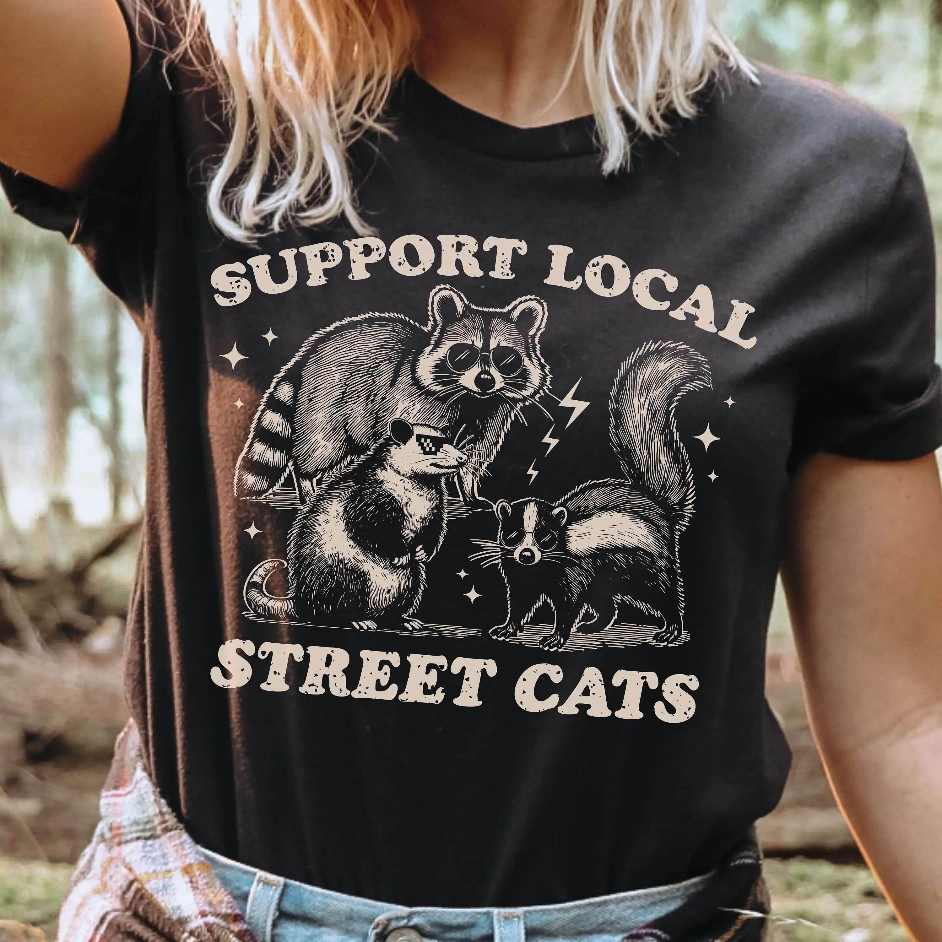 Raccoon Meme T Shirt Funny Skunk Racoon Lover Animal Stay Trashy Support Your Local Street Cats