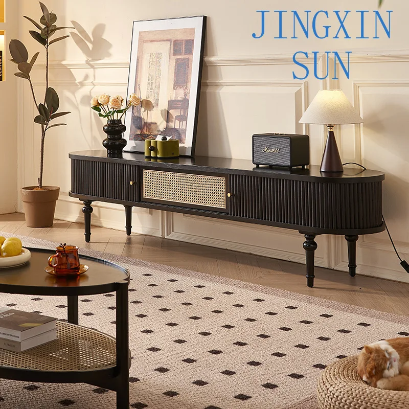 Solid wood TV cabinet rattan living room small apartment Nordic high-footed creative slide rail cabinet door locker