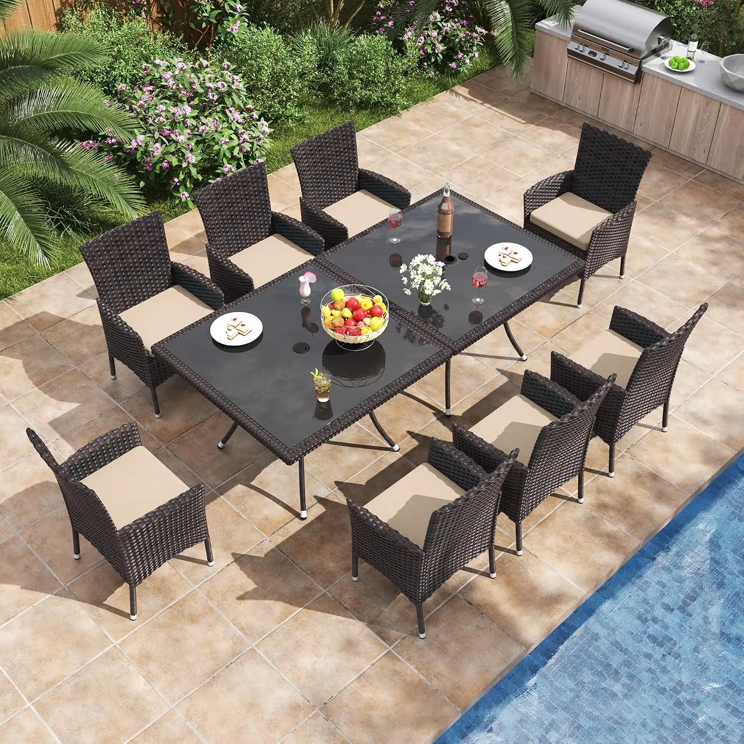 10 Piece Outdoor Patio Dining Set for 8 All-Weather Wicker Patio Furniture Set w/Tempered Glass Tabletop, Removable, Customized