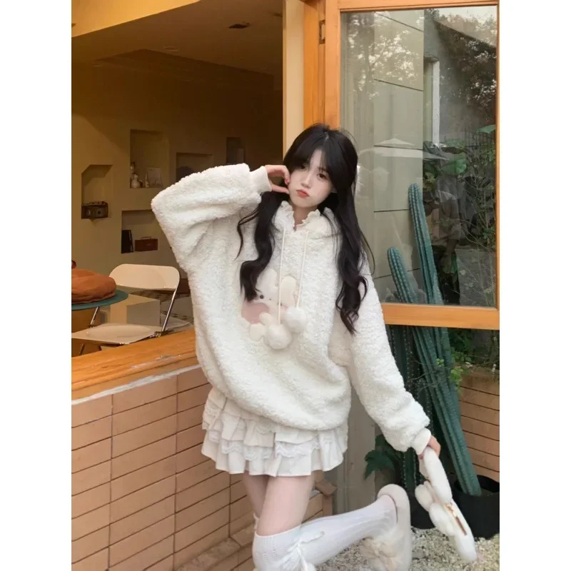 Autumn Winter Cute Rabbit Ears Hooded Velvet Sweatshirt Sweet Loose Padded Thicken Kawaii Pullover Hoodies Women Outwear Tops