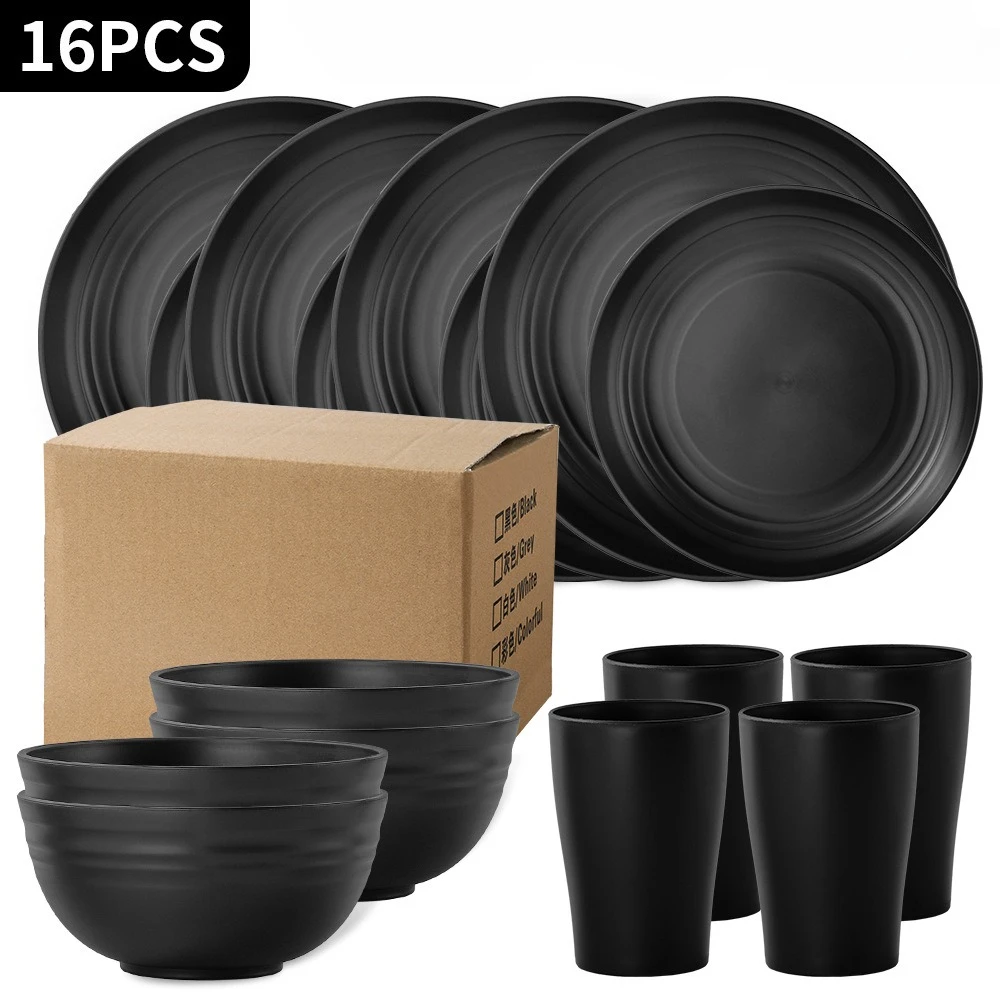 

16PCS Wheat Straw PP Tableware Set Plates Bowls Cups for Home Restaurant Reusable Plastic Tableware Sets for 4 People Dinner