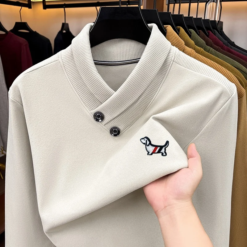 Casual Designer Fashion Men's Lapel Print Knitted Sweatshirt Long Sleeved Original Pullover Tops Commuting Versatile Men's Wear