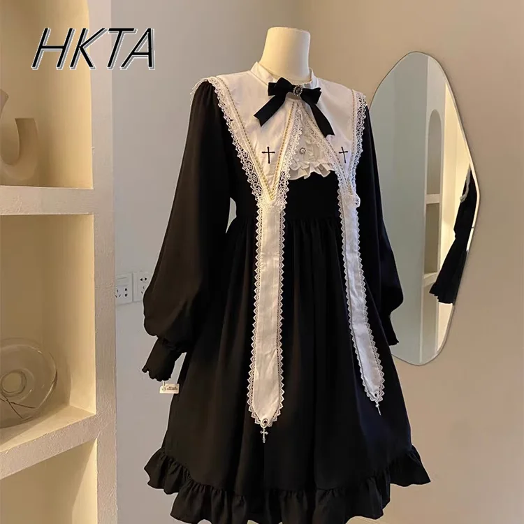 

Japanese Goth Dark Lolita Long Sleeve Dress Black Doll Sense Detachable Collar Black Dresses Women Elegant Y2k Knee Length Dress