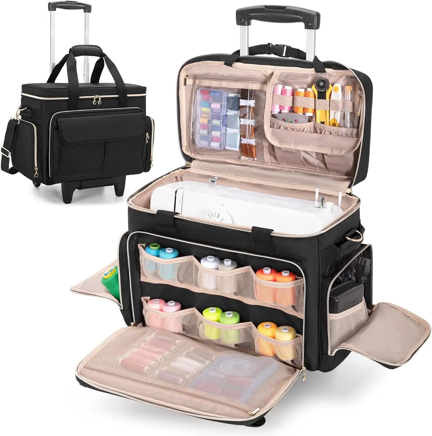 

Rolling Sewing Machine Case with Wheels, Multiple Pockets, Detachable Strap - Compatible with Most Standard Machines, Black