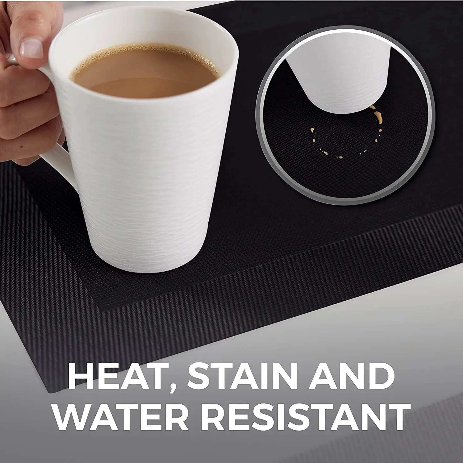 Dining Table Placemats, Washable, Heat-Resistant, PVC Vinyl Table Mats for Dining Room and Kitchen, Anti-Slip, Set of 4, Black