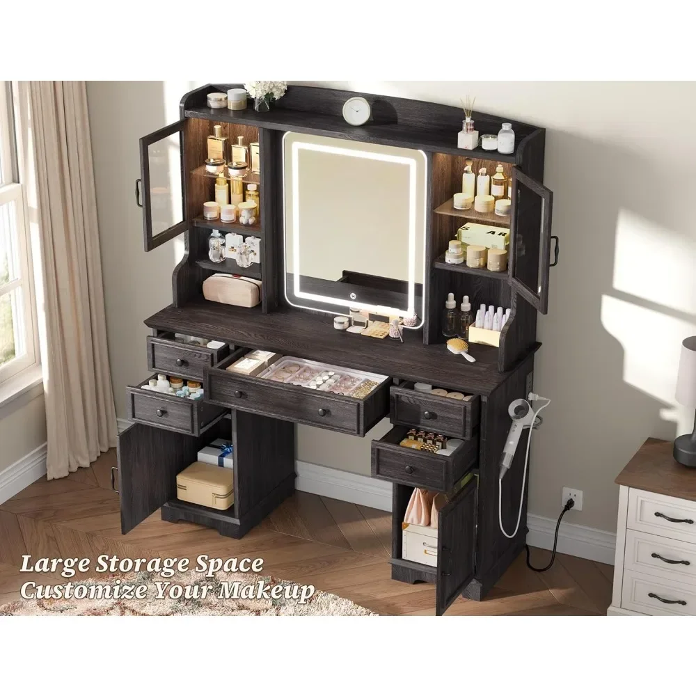 Vanity Desk with Mirror and Lights, Makeup Table Set with RGB Cabinets, 5 Drawers and 6 Storage Shelves Dressing Table image 3