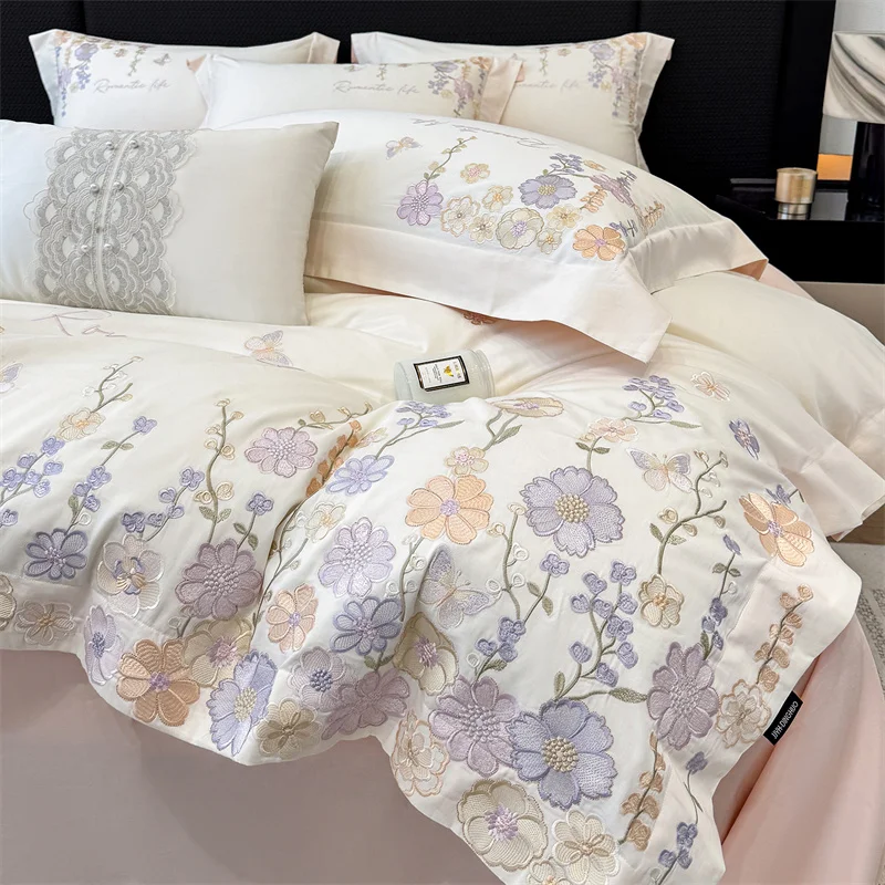 Luxury 600TC Egyptian Cotton Bedding Set 4Pcs Floral Butterfly Embroidery Duvet Cover Flat Sheet Pillowcases Romantic Bed Linen
