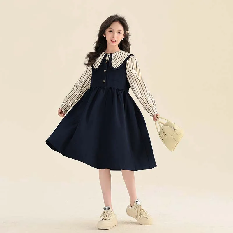 

Korean Autumn School Girl Dress Set Children Girl Striped Lapel Long Sleeve Shirt+Suspender Skirt Junior Girl Academy Style Sets